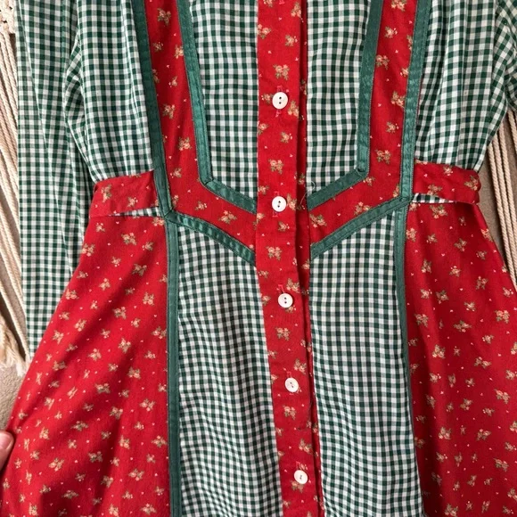 Vintage Gunne Sax Prairie dress Red Green Gingham Floral - Picture 4 of 13